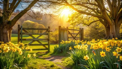 Fototapeta premium Vibrant yellow daffodils and blooming trees surround a rustic wooden gate, welcoming the new season with warm sunlight and a sense of rebirth.
