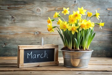 Vibrant yellow daffodils bloom in a rustic wooden planter, adorned with a tiny chalkboard sign reading "March" in elegant cursive, against a soft, creamy background.