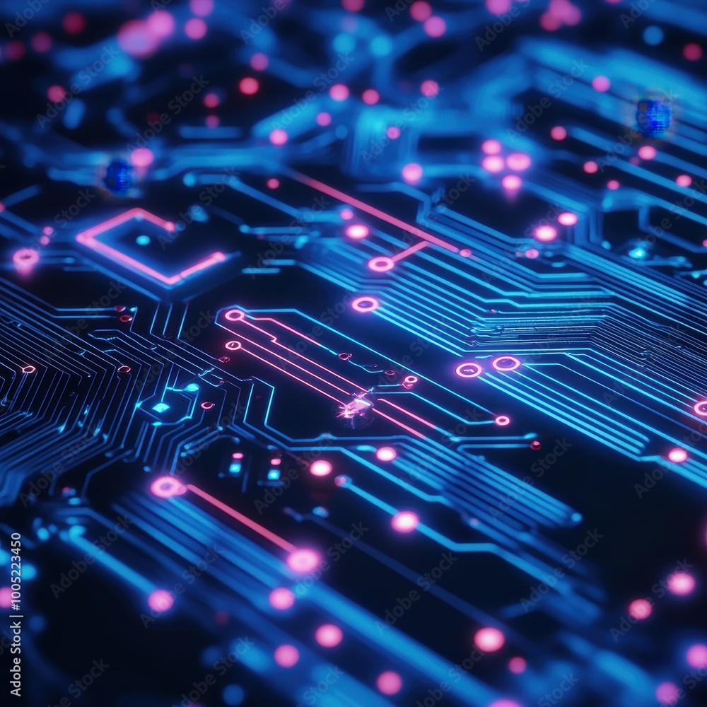 Poster abstract technology background with glowing blue and pink circuit board pattern.