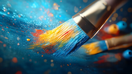 Fototapeta premium Colorful paintbrush creating a vibrant splash against a blue background.