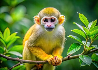 Fototapeta premium Vibrant yellow monkey with bright inquisitive eyes and a gentle smile perches on a lush green branch, showcasing its agility and playfulness in nature's serene surroundings.