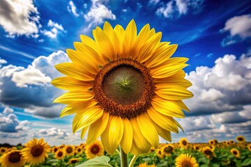 Obraz premium Vibrant yellow petals and dark center of a beautiful sunflower bloom against a bright blue sky with soft, fluffy clouds on a warm summer day.