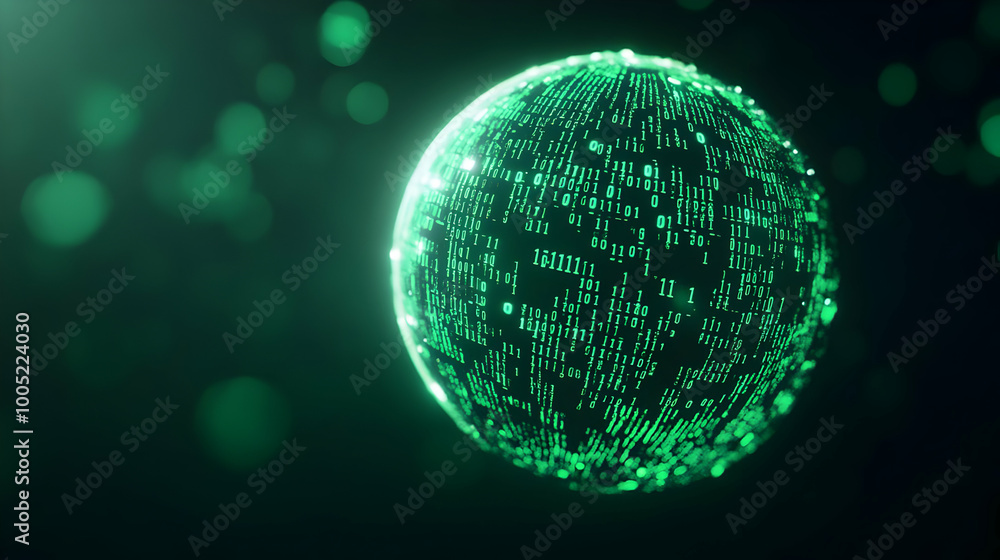 Poster abstract digital sphere with glowing green binary code on a dark background.