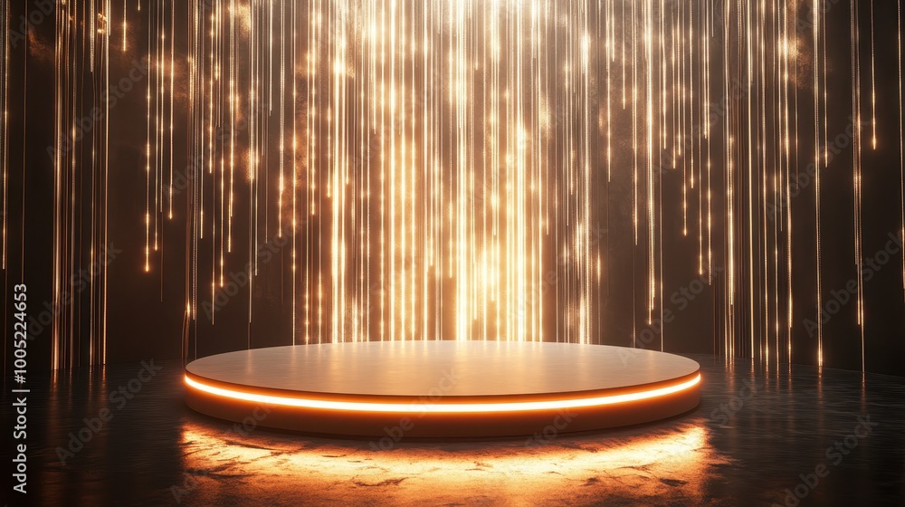 Poster golden glow product display stand with abstract light effects.