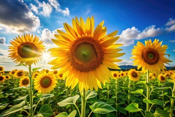 Obraz premium Vibrant yellow sunflowers standing tall in a lush green field, their bright petals shining like rays of sunshine against a clear blue sky backdrop.