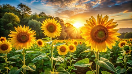 Obraz premium Vibrant yellow sunflowers stand tall amidst lush greenery, surrounded by a warm golden light, exuding the carefree essence of a bright summer afternoon.