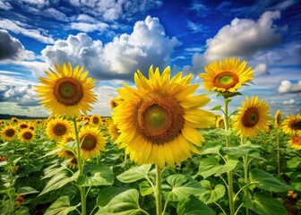 Obraz premium Vibrant yellow sunflowers stand tall in a lush green field, their bright petals shining like miniature suns against a clear blue sky with wispy white clouds.
