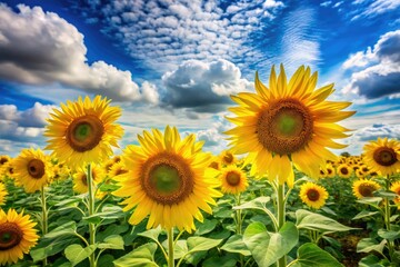 Vibrant yellow sunflowers stretch towards the sky, swaying gently in the breeze, amidst a lush green landscape with soft, fluffy white clouds above.