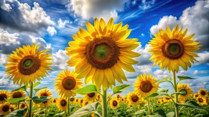 Obraz premium Vibrant yellow sunflowers with dark centers and delicate petals stand tall against a bright blue sky with fluffy white clouds on a sunny day.
