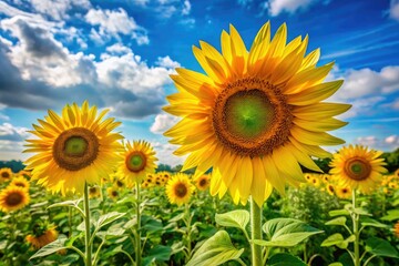 Obraz premium Vibrant yellow sunflowers with large, bright petals and tall, slender stems stand proudly in a lush green meadow under a clear blue summer sky.