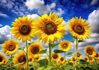 Obraz premium Vibrant yellow sunflowers with tall stems and dark centers, set against a bright blue sky with fluffy white clouds, evoking feelings of warmth and happiness.