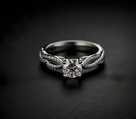 Interwoven solitaire diamond engagement ring, eternity wedding band on black background ai gegerate

