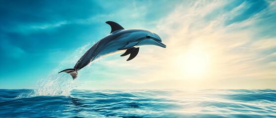 A dolphin leaps gracefully above the ocean surface against a stunning sunset backdrop.