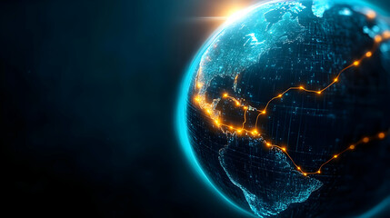Obraz premium A digital representation of the Earth highlighting global connections with glowing lines.