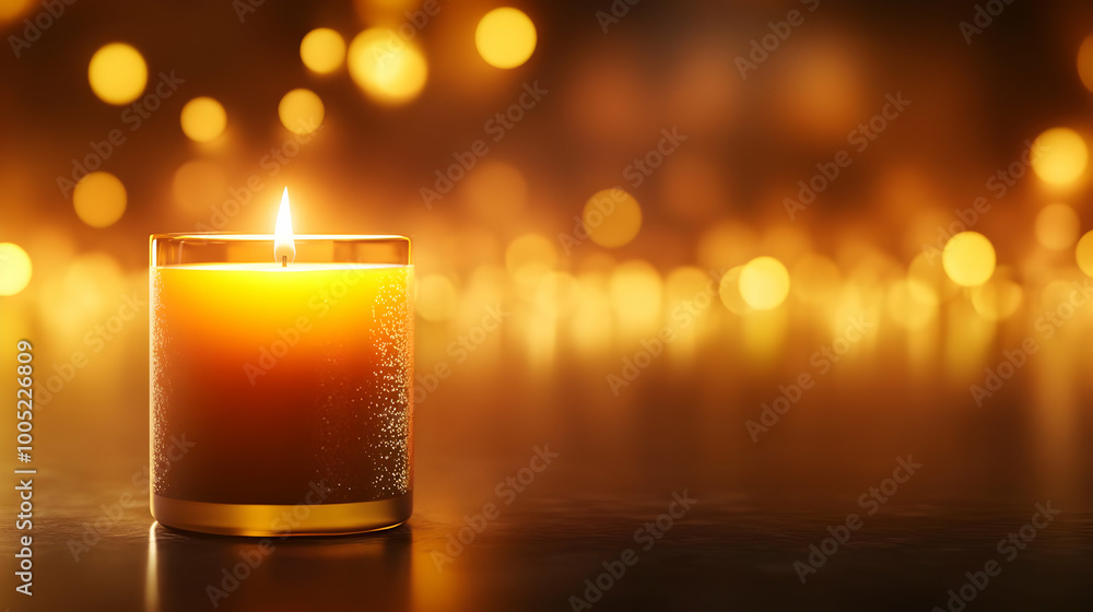 Poster a glowing candle in a dark setting, creating a warm and inviting atmosphere with blurred lights in t