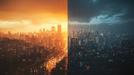Obraz premium Cityscape Divided by Rain, One Side Warm Sunset, Other Side Dark Stormy Night