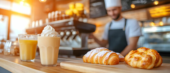 Delicious pastries and drinks displayed at a cozy cafe with a smiling barista in the background.
