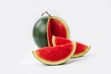 Whole watermelon and seeded slices seen front and top on a white background. Watermelon slices are red, seedy and juicy.