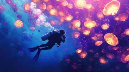 Fototapeta premium Diver in deep sea with glowing jelly fish