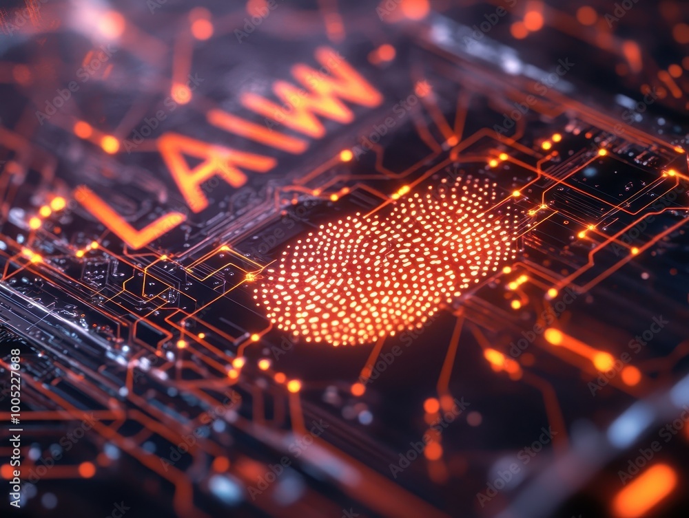 Poster abstract law concept with fingerprint on circuit board - digital security and justice.