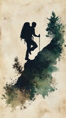 Silhouette of Hiker Climbing Mountain with Backpack and Hiking Stick Watercolor Artwork.