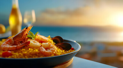 Delicious seafood dish with shrimp and mussels, perfect for seaside dining experience at sunset.