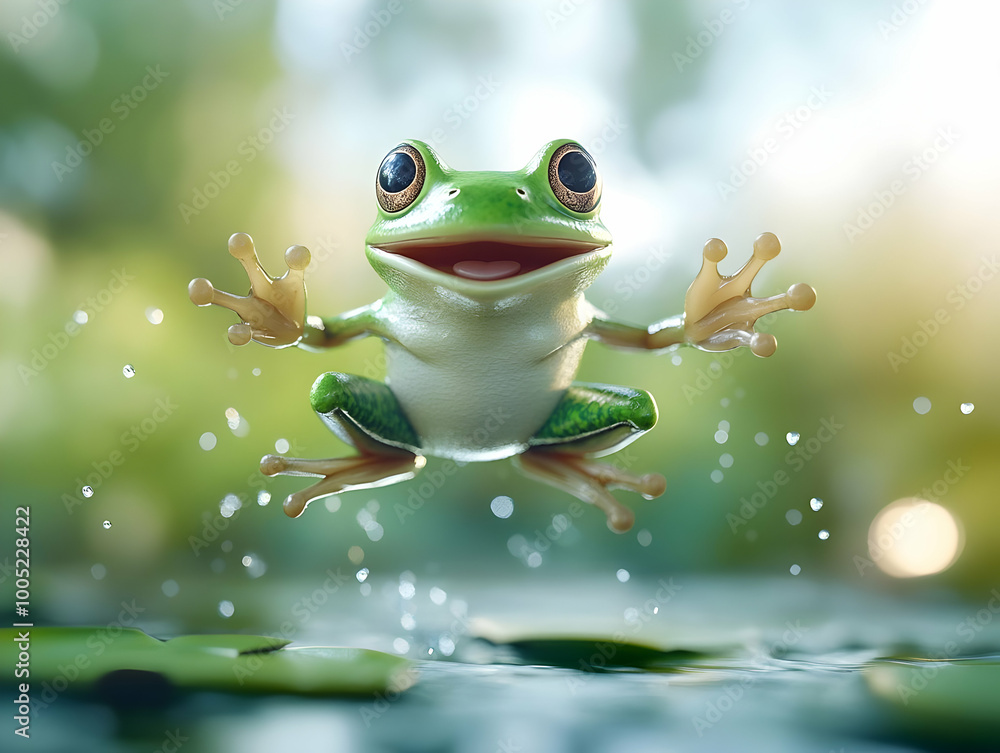 Wall mural A playful frog jumping in a lush environment, showcasing its vibrant colors and joyful nature.