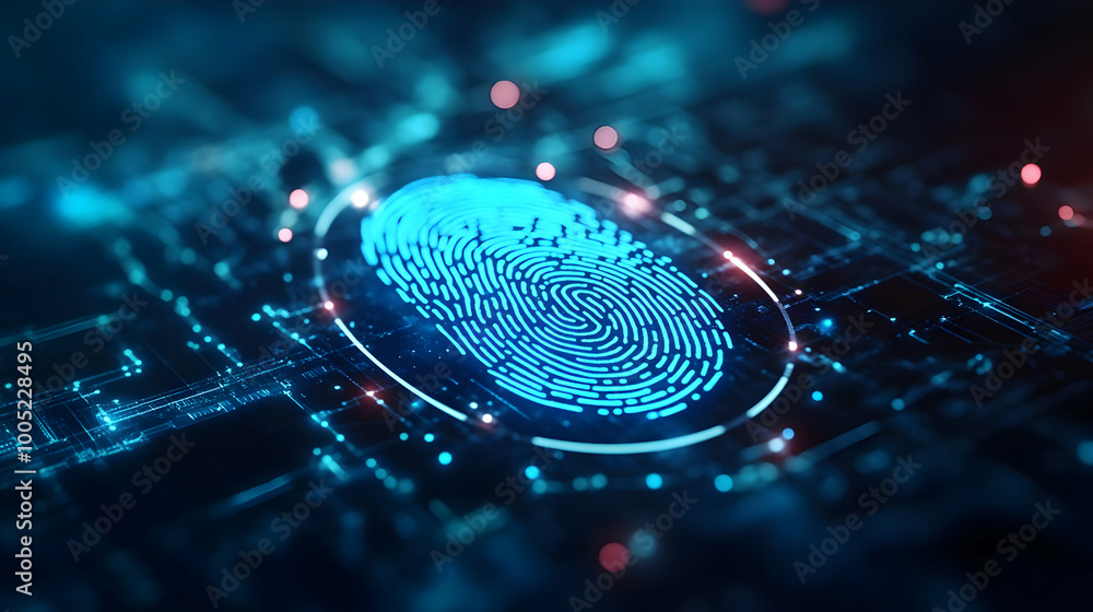 Poster digital fingerprint representation over a circuit board background with vibrant blue and red lights.