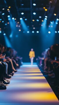 A model walks down the brightly lit runway during a fashion show, with an audience seated on both sides under dramatic blue and yellow lighting.