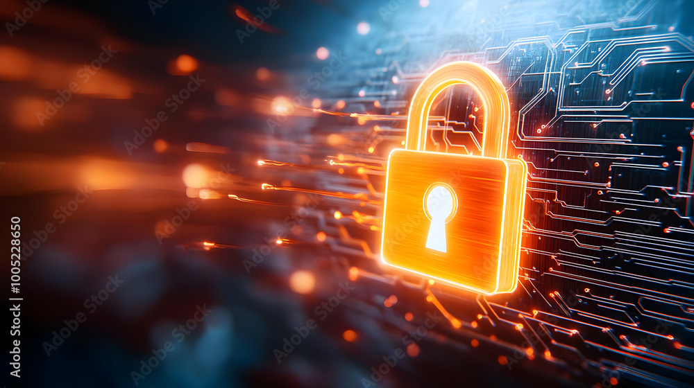 Poster digital padlock icon with glowing effects, representing cybersecurity and data protection.