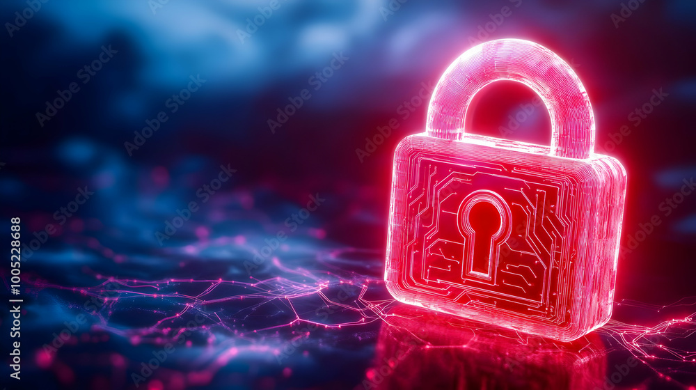 Poster digital padlock with glowing circuits, secure data protection concept, white isolated background.