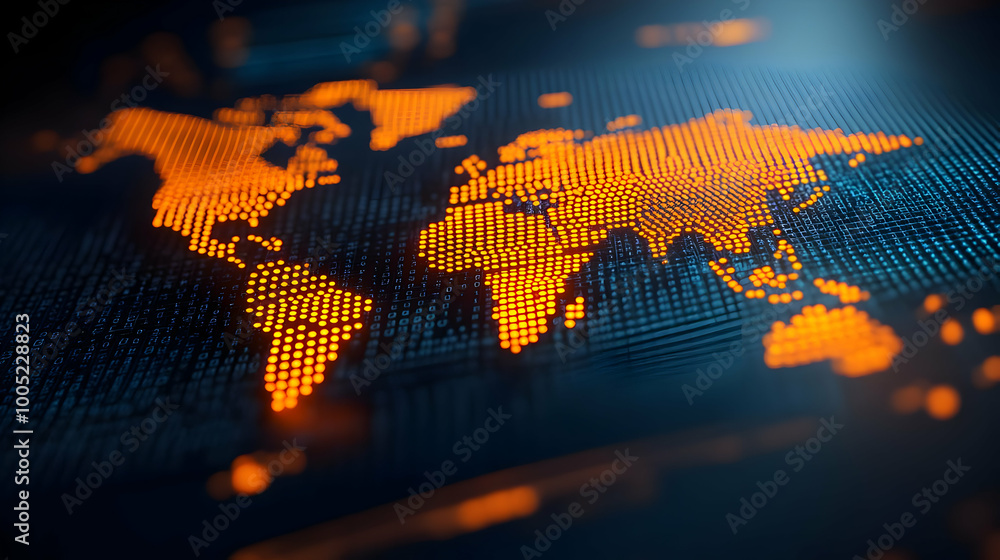 Poster digital world map with glowing orange dots on a dark background, emphasizing connectivity and global