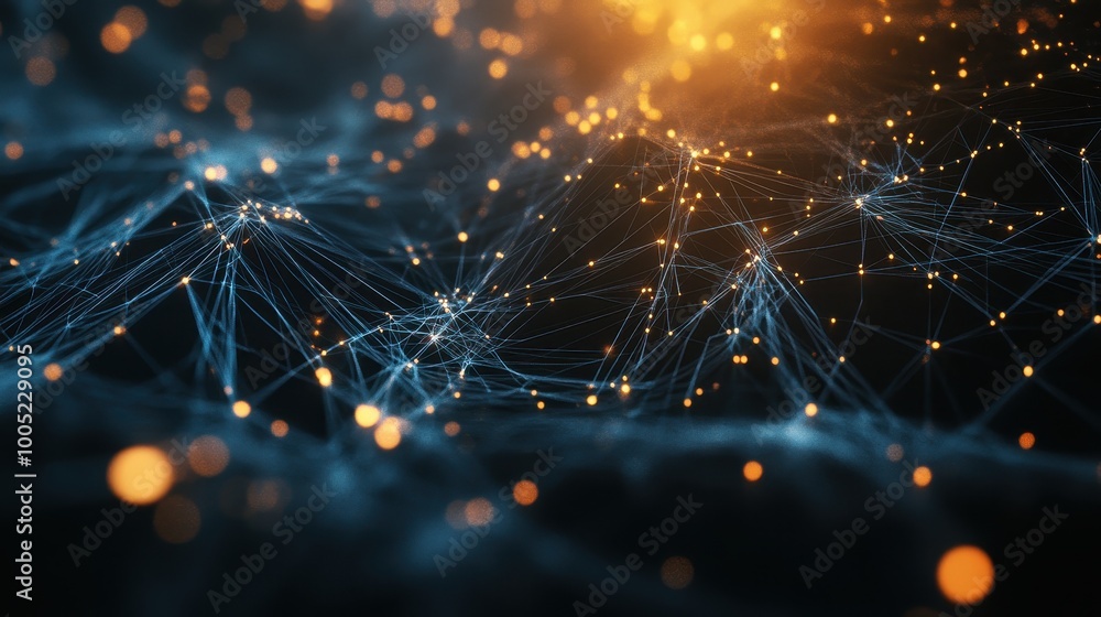 Aufkleber abstract network connection with golden glowing points on dark blue background.