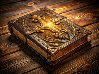 Vintage leather-bound holy scripture with ornate gold filigree and subtle worn pages, set against a warm, rustic wood grain background with soft, golden lighting.