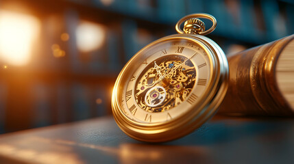 Elegant antique pocket watch on a wooden surface with warm lighting in the background.
