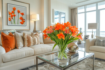 Elegant living room with neutral-toned sofa and vibrant orange flowers, modern playful decor pieces, inviting ambiance