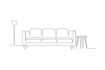Sofa with lamp and table continuous outline vector. Modern Sofa one line art drawing. Vector illustration.