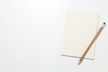 An open notebook with a pencil on a white background