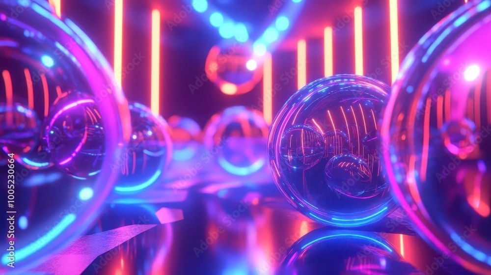 Poster abstract neon light background with spheres and reflections - futuristic design