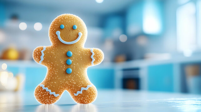 Cheerful gingerbread man cookie with blue decorations on a light kitchen background.