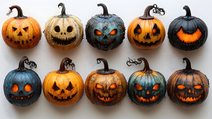 Set of scary Halloween pumpkins on light background, assorted different designs, mockup templates for artwork design, cool elements for your Halloween party invitation card, poster, banner, wallpaper.