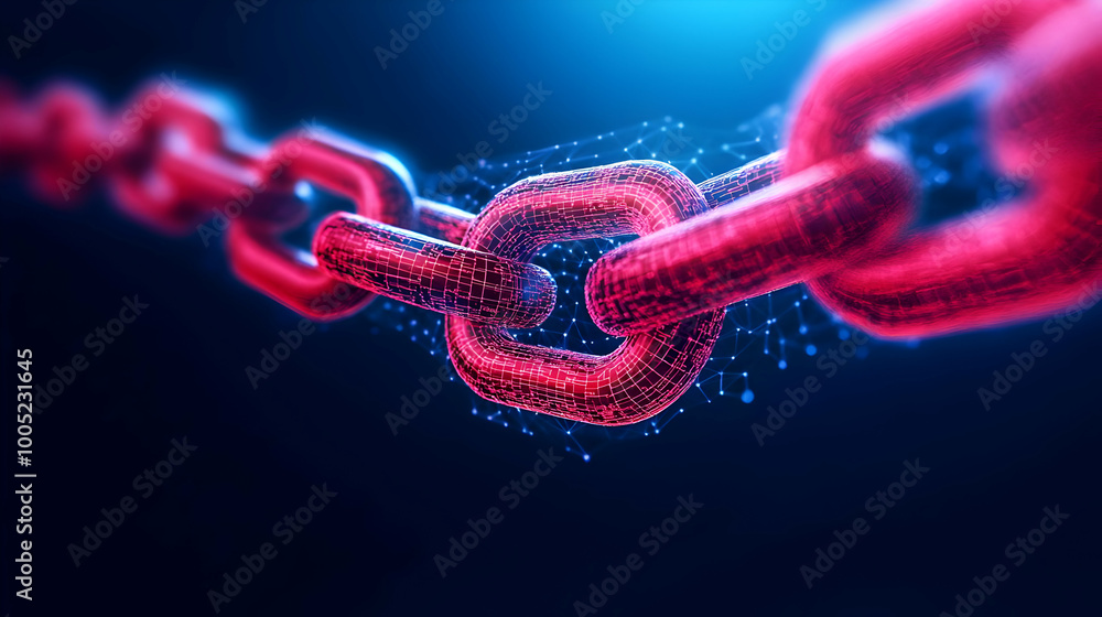 Poster close-up of a digital chain link glowing with vibrant colors, symbolizing data security and connecti