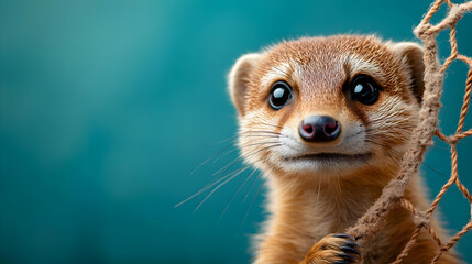 Fototapeta premium Close-up of a curious meerkat against a blurred background, showcasing its expressive eyes and whiskers.