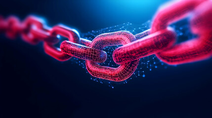 Close-up of a digital chain link glowing with vibrant colors, symbolizing data security and connectivity.