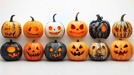 Set of scary Halloween pumpkins on light background, assorted different designs, mockup templates for artwork design, cool elements for your Halloween party invitation card, poster, banner, wallpaper.