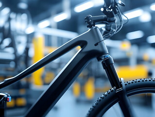 Close-up of a modern bicycle frame showcasing sleek design and craftsmanship in an industrial setting.