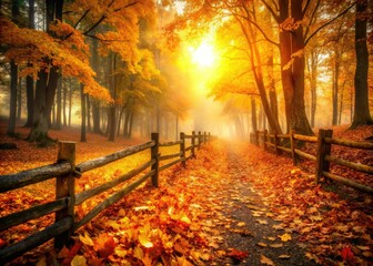 Obraz premium Warm golden light filters through rustic wooden fence, illuminating vibrant orange and yellow fallen leaves scattered across a serene, misty autumn forest floor landscape.