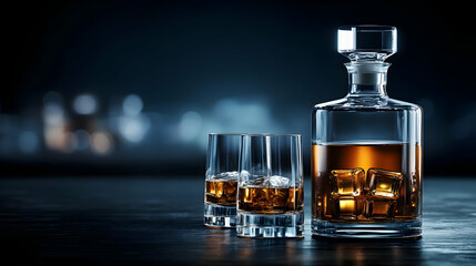 Elegant whiskey decanter with ice-filled glasses, set against a dark background.