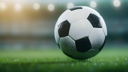 Naklejka premium Close-up of a soccer ball resting on the grass in a stadium, ready for action.
