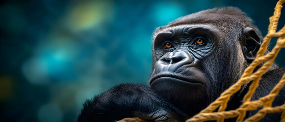 Obraz premium Close-up of a thoughtful gorilla with a serene expression against a blurred background.